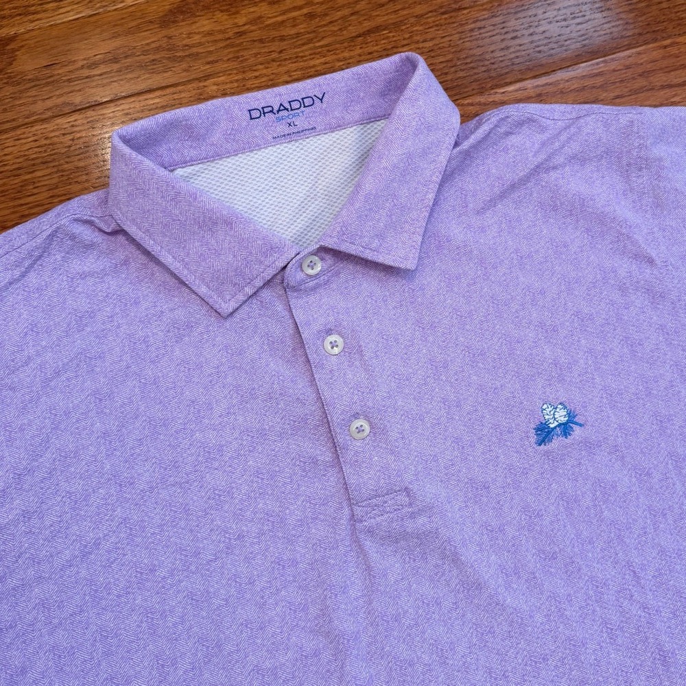 B. Draddy Sport Golf Polo Shirt Mens XL Purple Herringbone Print Pinecones Logo